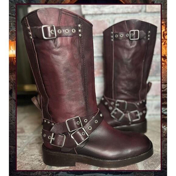 Free People We The Free Janey Engineer Leather Studded Wine Fresco Boots Size 9 - Picture 4 of 9